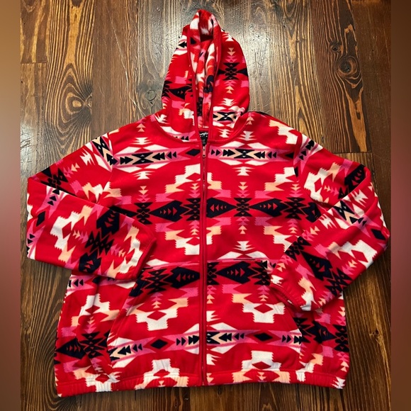 WRANGLER Retro Aztec Print Fleece Zip Up Hoodie Red - Picture 2 of 6
